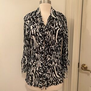 Le Caviar Black and White Pattern Collared Blouse with Ruffled Trim